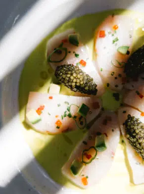 Saint-Jacques caviar et sauce verte &ndash; plat gastronomique du restaurant de plage Pampelonne